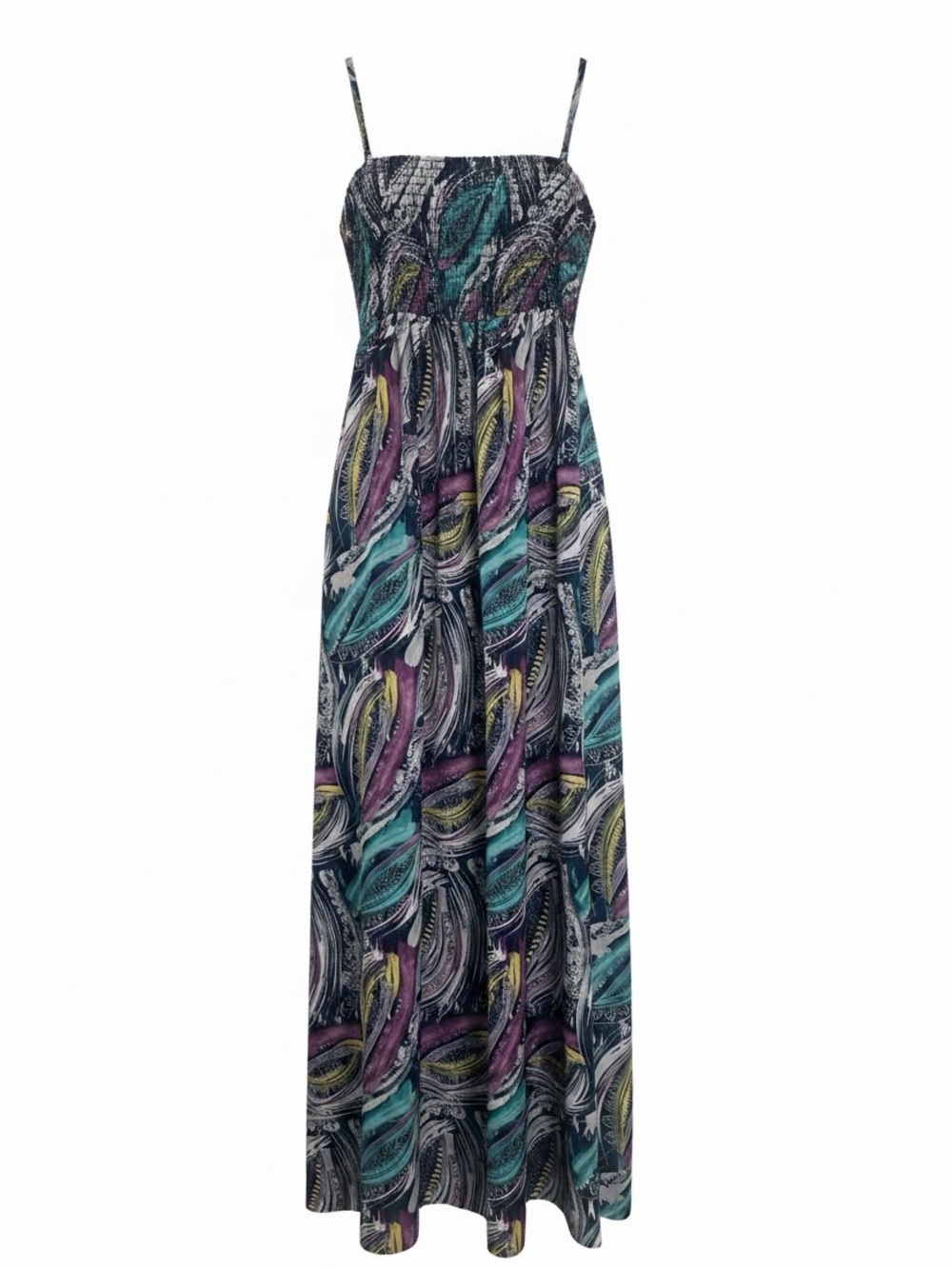 Smocked Strap Maxi Dress in Teal & Purple Print- size medium